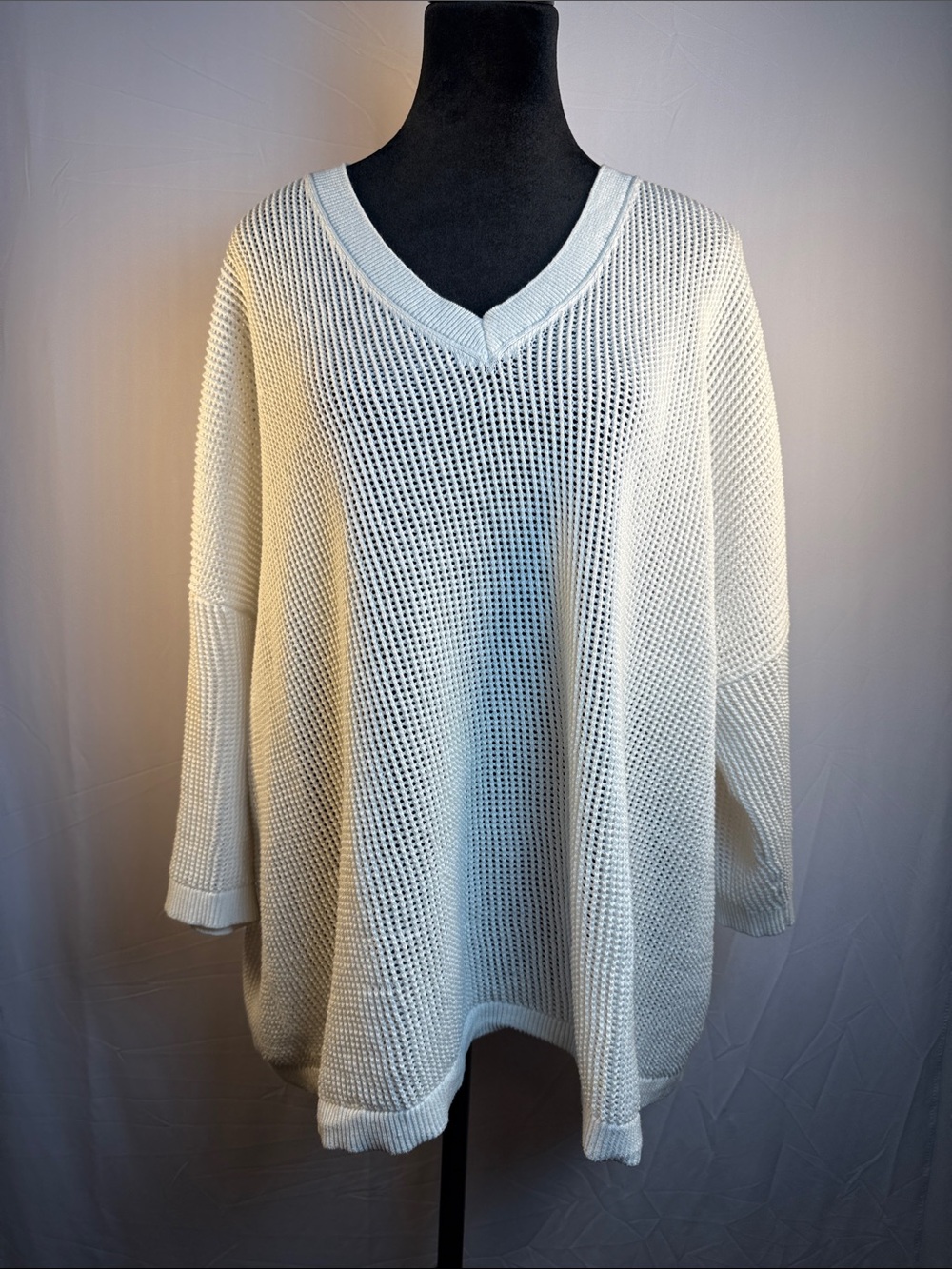 CAbi Cream Open-Weave V-Neck Cotton Sweater